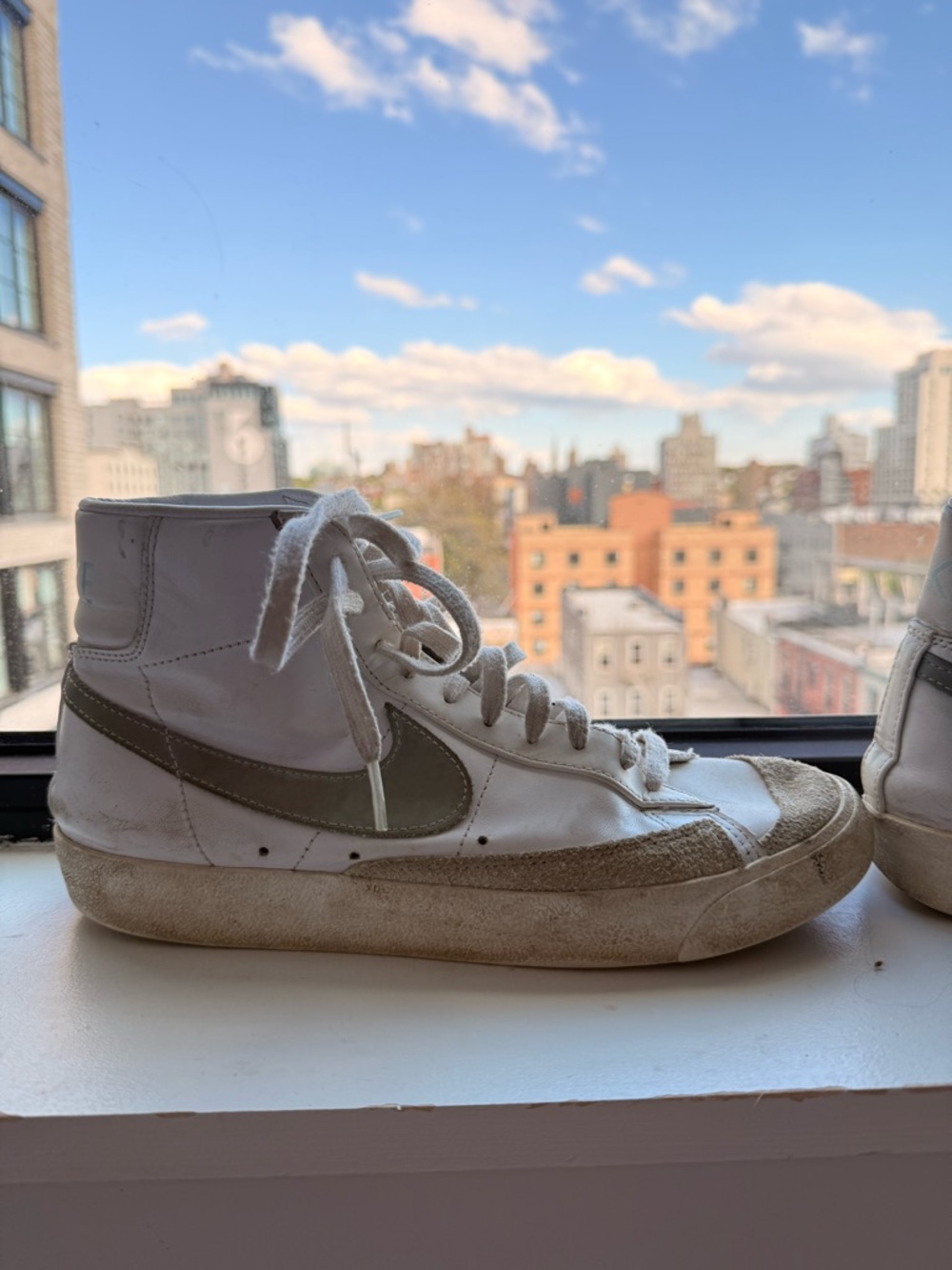 Nike White High-Top Sneaker with Olive Swoosh
